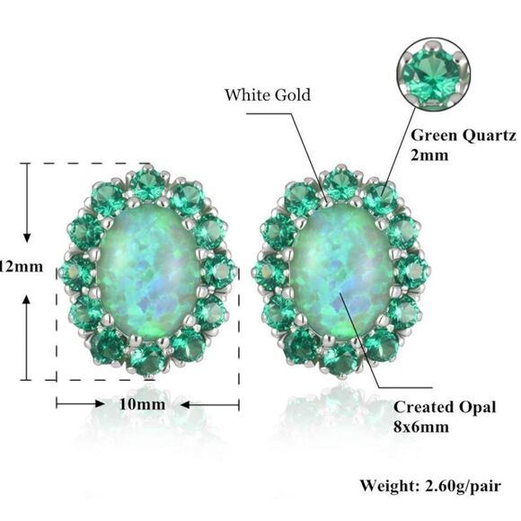 14K White Gold with Green Fire Opal and Green Quartz Oval Post Stud Earrings - Picture 5 of 5